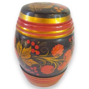 Vintage Khokhloma Hand Painted Wood Jar - Russian Folk Art